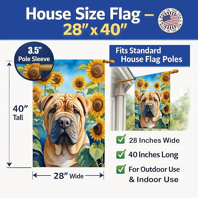 Caroline's Treasures DAC6159CHF Shar Pei in Sunflowers House Flag Large Porch Sleeve Pole Decorative Outside Yard Banner Artwork Wall Hanging, Polyester, House Size, Multicolor