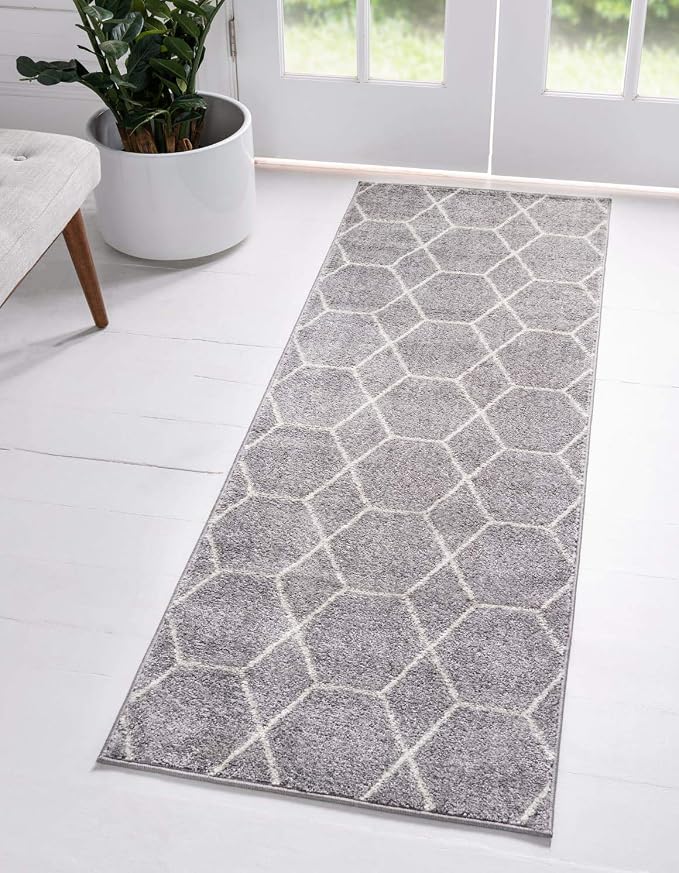 Unique Loom Trellis Frieze Collection Area Rug - Geometric (2' x 8' 8" Runner, Light Gray/ Ivory)