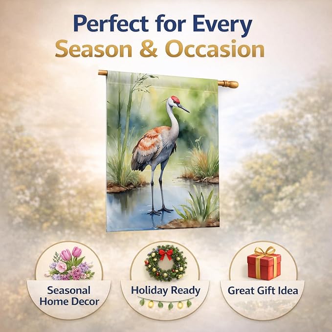 Caroline's Treasures Sandhill Crane House Flag Large Porch Sleeve Pole Decorative Outside Yard Banner Artwork Wall Hanging, Polyester, House Size, Multicolor