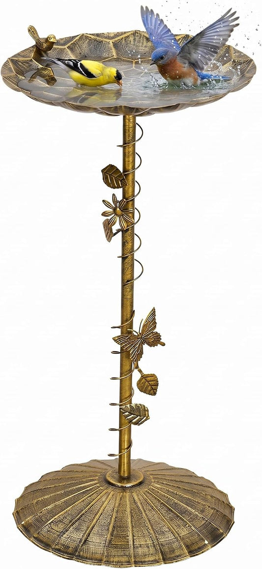 VECELO Antique Gold Metal Bird Bath for Outside, 28.7" Freestanding Pedestal Birdbath with Vintage Butterfly & Bird Decor, 15.4" Bowl Diameter, Easy Assembly Heavy-Duty Iron Garden Decoration