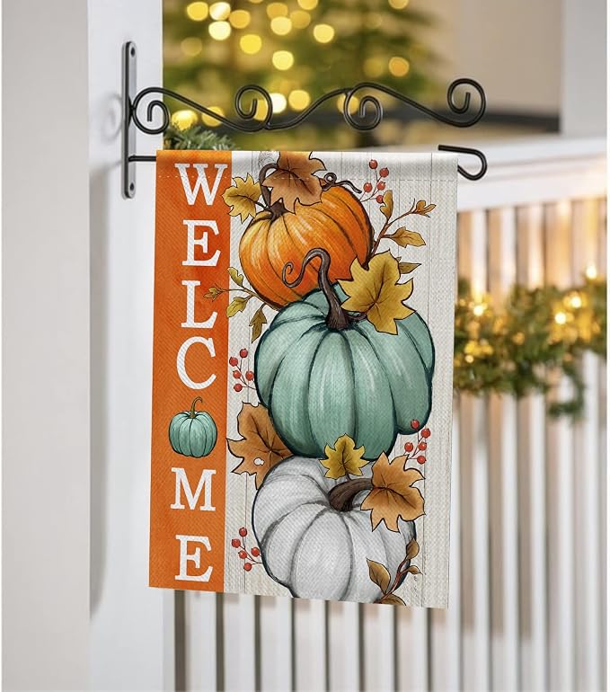 Welcome Fall Pumpkins Decorative Garden Flag, Autumn White Teal Pumpkin Farmhouse Yard Outside Decorations, Thanksgiving Seasonal Burlap Outdoor Small Home Decor Double Sided 12 x 18
