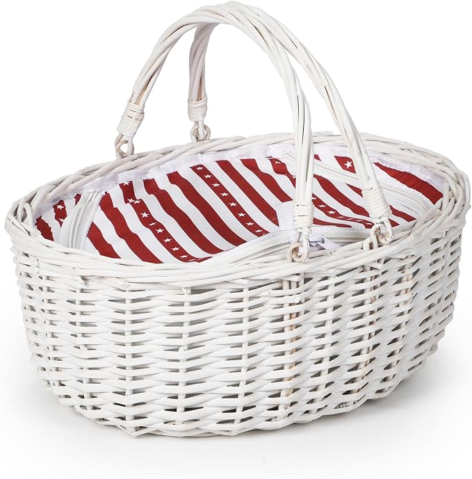 Wicker Picnic Basket with Insulated Lined Bag 15“ x 11” x 7“ Red, White Star Stripe Pattern, Iced Beer Insulated Bag for Camping, Picnics, Birthday Gifts, Wedding Gifts