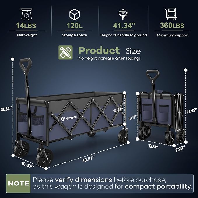Hikemoon 34'' Extra Long Collapsible Wagons Carts Foldable, 360LBS Heavy Duty Folding Beach Wagon Cart with Wheels, Portable Utility Outdoor Wagon for Grocery, Shopping, Garden, Sports, Purple