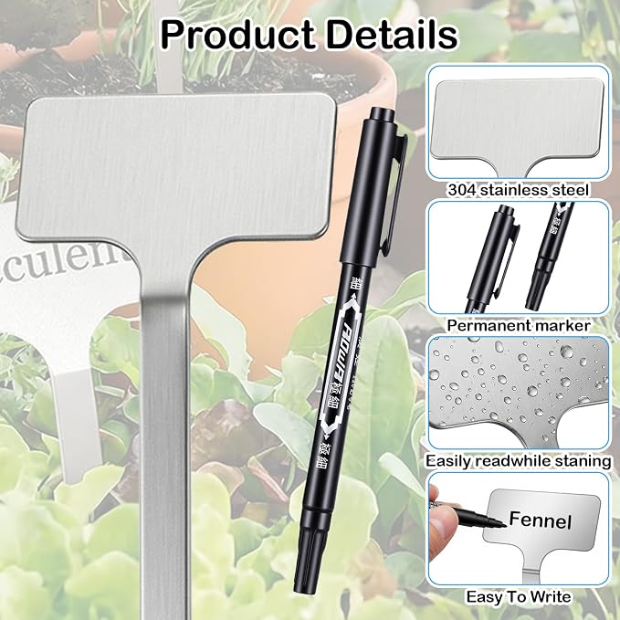 Stainless Steel Plant Labels Set, 20 Pack Waterproof Metal Garden Markers with 2 Pens, 13-Inch Rust-Proof Tags for Vegetables Flowers Indoor Outdoor Use
