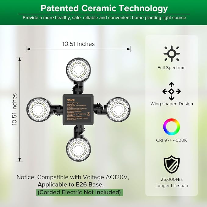 SANSI Grow Light for Indoor Plants, 40W (400 Watt Equiv) 4000 Lumen High PPFD Full Spectrum Plant Light with Remote Timer, Dimmable, Folding Wings Grow Light for Indoor Growing Greenhouse, E26 Base