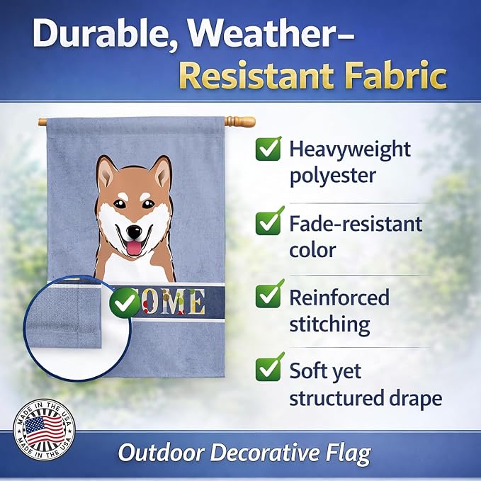 Caroline's Treasures BB1411CHF Shiba Inu Welcome House Flag, Blue Large Porch Sleeve Pole Decorative Outside Yard Banner Artwork Wall Hanging, Polyester, House Size, Multicolor