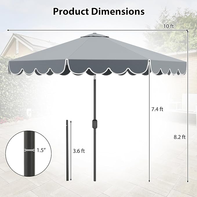 HAPPYGRILL 10 FT Patio Umbrella, Market Table Umbrella w/Crank, Push Button Tilt, Ruffled Edges, Vented Top & 8 Ribs, Outdoor Sun Shade for Poolside Backyard Beach