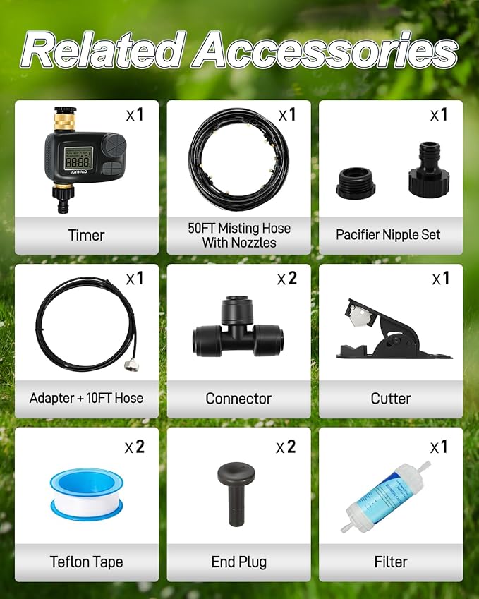 joyhalo Misters for Outside Patio with Automatic Sprinkler Timer, 50FT Misting System Line,17 Mist Nozzles,Water Filter,Brass Adapter(3/4"), Outdoor Plant Misters for Patio Cooling Garden Greenhouse