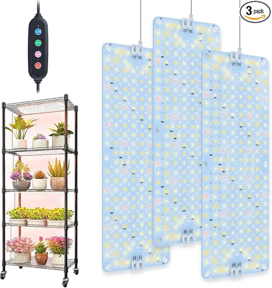 3Pack 2026 Ultra-Thin Panel Grow Lights for Seed Starting, Vegetables, Greenhouse & Under Cabinet & Shelf Plants with Timer 4/8/12/16/20H, Free Connect Full Spectrum Indoor LED Plant Growing Lamps