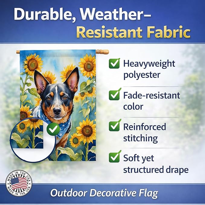 Caroline's Treasures DAC6013CHF Australian Cattle Dog in Sunflowers House Flag Large Porch Sleeve Pole Decorative Outside Yard Banner Artwork Wall Hanging, Polyester, House Size, Multicolor