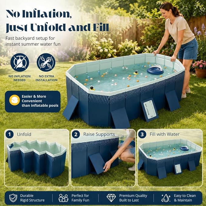 100.78-Inch Foldable Swimming Pool, Blue Non-Inflatable Rectangular Pool for 4-6 People, 4-Layer Composite PVC, Aluminum Alloy Frame, Dual Drains for Backyard Summer Fun