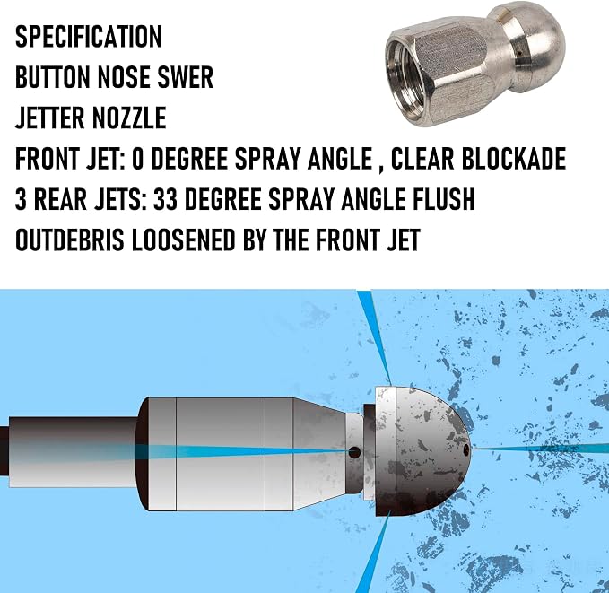 Hourleey Sewer Jetter Kit for Pressure Washer 50FT, Drain Cleaner Hose 1/4 Inch NPT, Orifice 4.0 Button Nose and Rotating Sewer Jetting Nozzle Spanner Tape Pearl Corsage Pin, 4000 PSI