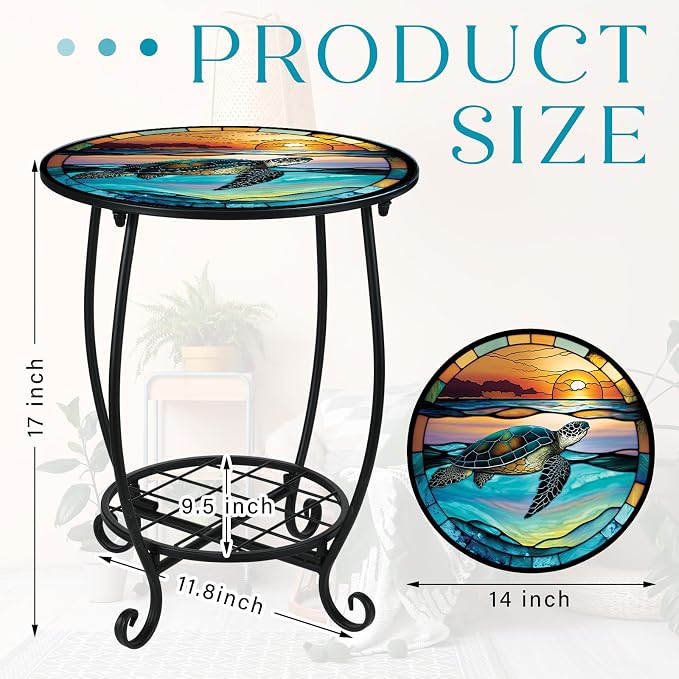 Cinnvoice Outdoor Side Table Round Small Mosaic Patio Accent Indoor End Plant Coffee Tea Table for Yard Patio Porch Garden Living Room, Bedroom(Turtle Style,14 Inch)
