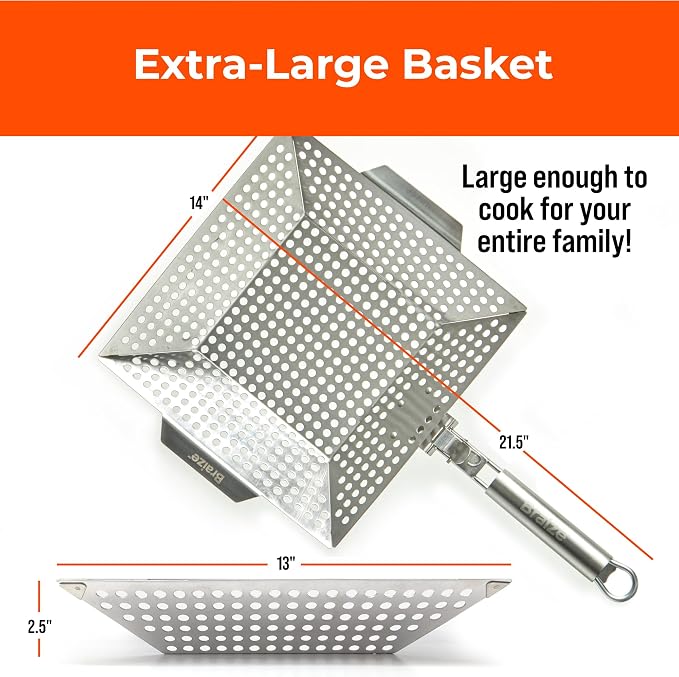 Heavy-Duty Stainless Steel Grill Basket – 12" x 13.75" Large BBQ Basket with Removable Handle – Durable Grilling Basket for Vegetables & Meat – Outdoor Cooking Accessory for Gas & Charcoal Grills