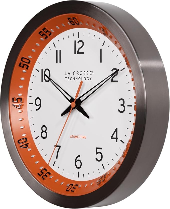 La Crosse Technology 404-87696-INT 10 inch Orange Chapter Ring Stainless Steel Atomic Analog Wall Clock