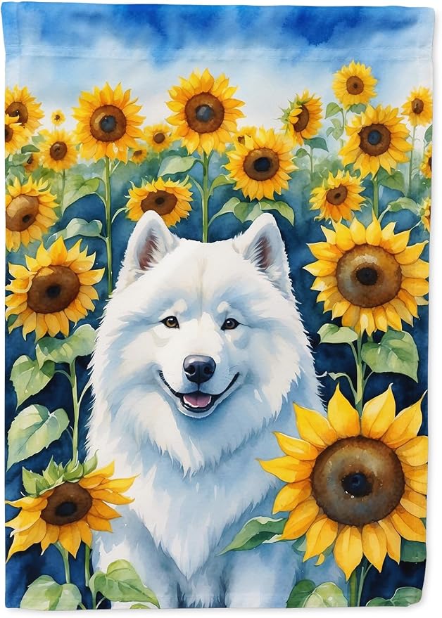Caroline's Treasures DAC6154CHF Samoyed in Sunflowers House Flag Large Porch Sleeve Pole Decorative Outside Yard Banner Artwork Wall Hanging, Polyester, House Size, Multicolor