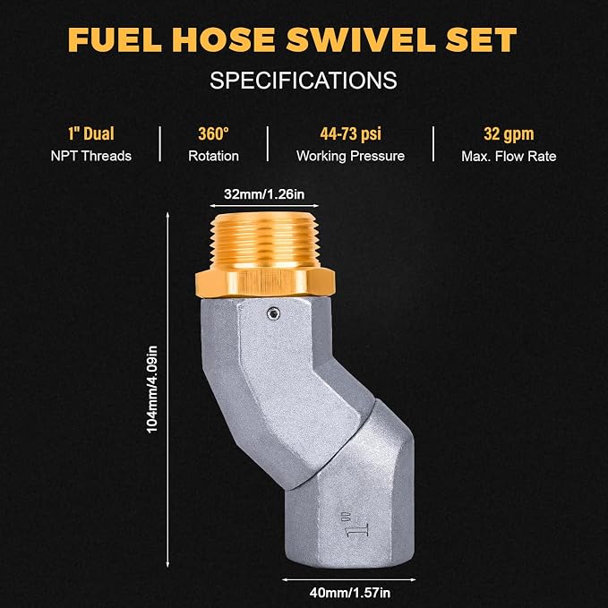 1 Inch NPT Fuel Hose Swivel - Multi Plane 360° Rotating Connector for Fuel, Water, Diesel, Gasoline, Kerosene Transfer Pumps, Tanks, and Nozzles