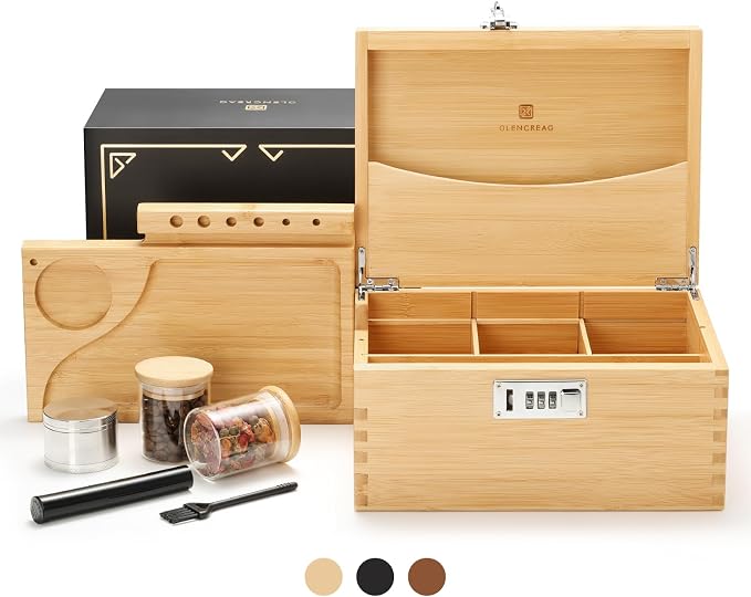 GLENCREAG Stash Box with Rolling Tray, Smell Proof Large Bamboo Storage Box with Lock, Decorative Box Set Includes Glass Jars & Grinder, Gift for Men Women