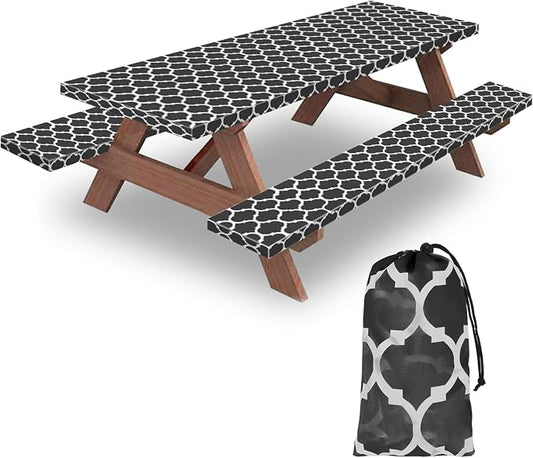 7ft Picnic Table and Bench Cover, Camping Essentials RV Gear, 84 in Waterproof Windproof Outdoor Elastic All Around Tablecloth, Fitted Rectangle Tables and Seats, Black-White Moroccan
