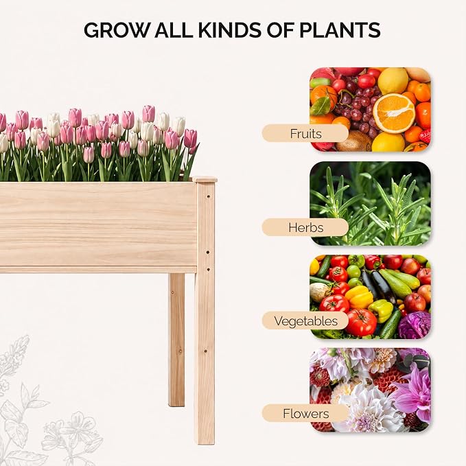 VINGLI 48.5"x22.5"x30" Elevated Raised Garden Bed with Bed Liner, Heavy Duty Wood Planter with Legs for Vegetables Fruits Potato Flower, Outdoor Sturdy Long Lasting Planter Box (Nature - no Wheel)