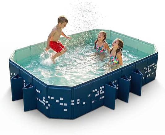 Foldable Pool Non-Inflatable, Large Collapsible Swimming Pool for Kids Adults, Hard PVC Board, 10 Triangle Supports, Family Backyard Outdoor Pool, Blue（86.6" × 53.1" × 19.7"）