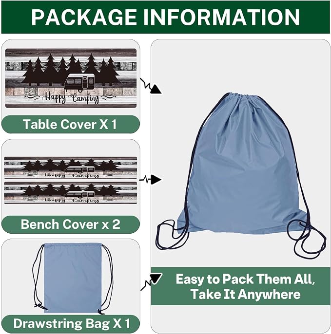 Picnic Table Cover with Bench Covers Elastic Edges, Grey Camper Fitted Table Cover, Outdoor Patio Camping Essentials 72 Inch 3PCS, Waterproof Camping Fitted Tablecloth with Drawstring Bag