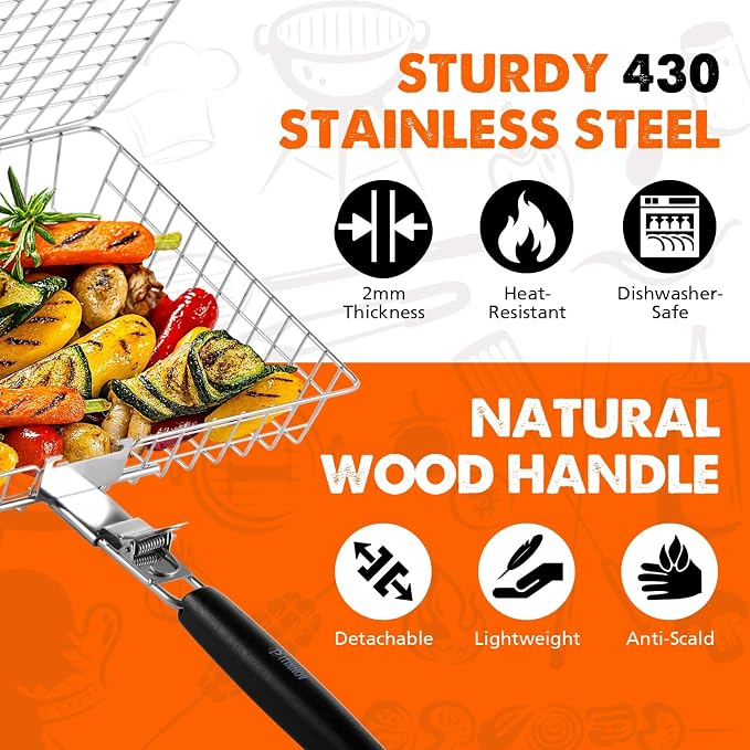 Nesting Grill Baskets, 2pcs Grilling Baskets for Outdoor with Removable Handle, Stainless Steel BBQ Camping Cooking Accessories Tools for Fish, Vegetable, Shrimp - Gifts for Men Dad Husband