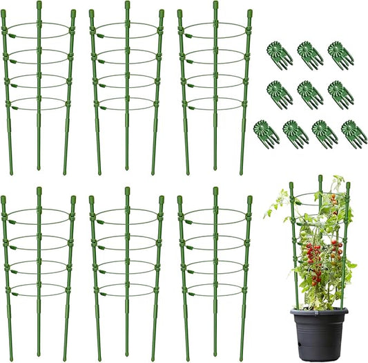 Legigo 6 Pack 24 Inch Plant Support Cages Tomato Cage for Garden- Plant Cages Adjustable Rings, Tomato Plant Support Stakes Trellis for Pots, Peppers, Cucumbers and Flowers with 10 Plant Clips