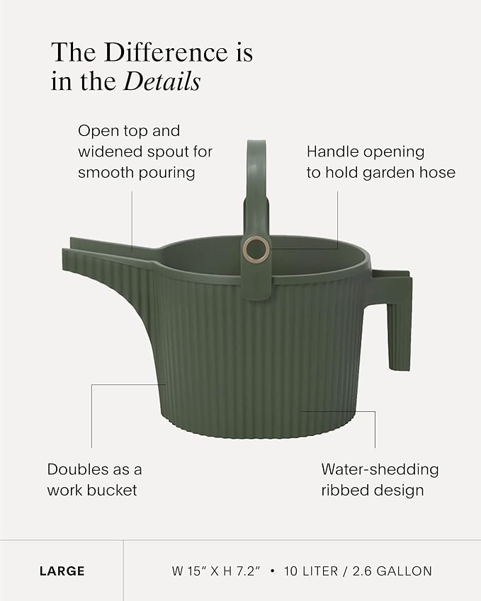 Hachiman Large Watering Can - 5 L Plant Watering Can with Widened Spout for Indoor and Outdoor Plants - Hands-Free Filling - 15" × 7.2" - Garden Green