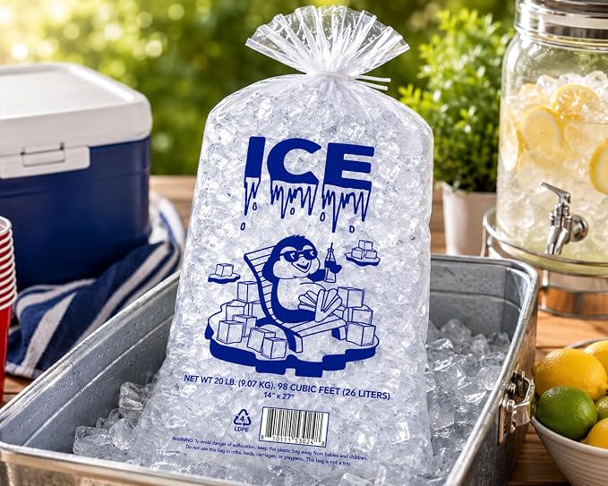 Ice Bag 20 lb 14" x 27" 250 Count | Twist Ties Included | Heavy Duty Storage Bags | Retail Sales, Parties, Camping & Food Cooling | LDPE Plastic Bags | Bits N Things