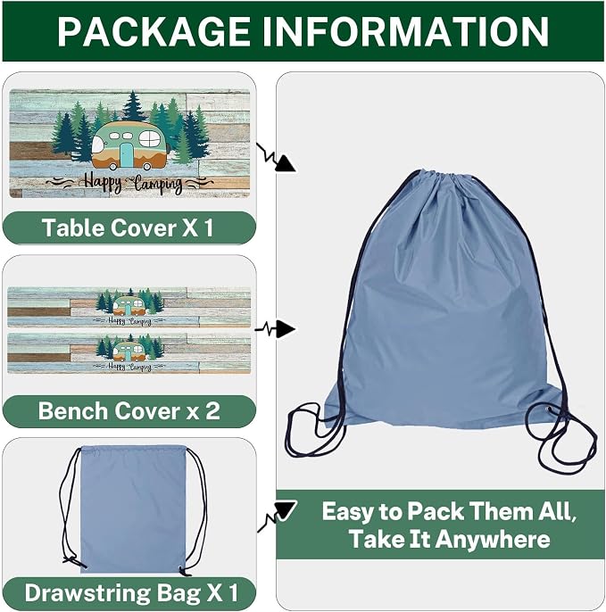 Picnic Table Cover with Bench Covers Elastic Edges, Green Camper Fitted Table Cover, Outdoor Patio Camping Essentials 72 Inch 3PCS, Waterproof Camping Fitted Tablecloth with Drawstring Bag