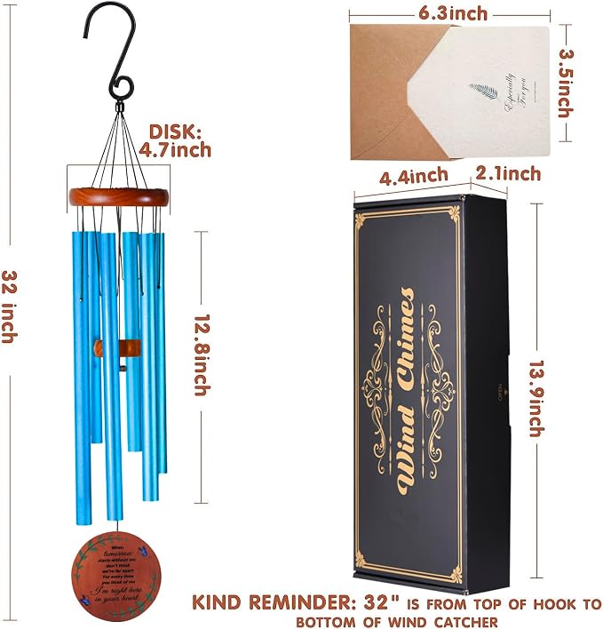 Memorial Wind Chimes for Loss of Loved One – Sympathy Gift for Loss of Dad, Mom, Baby, or Friend – Outdoor Bereavement Wind Chimes, Blue Round Design