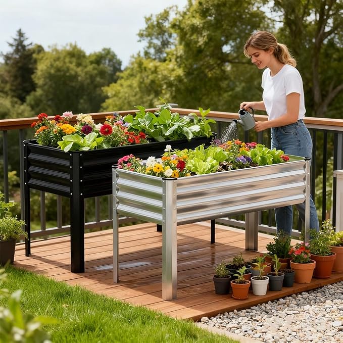 COMHOMA Raised Garden Bed with Legs 4x2x2.5ft,Large Elevated Galvanized Metal Planter Box with Drainage Holes,Outdoor Growing Kit with Gloves Tools for Backyard Patio Lawn,Black