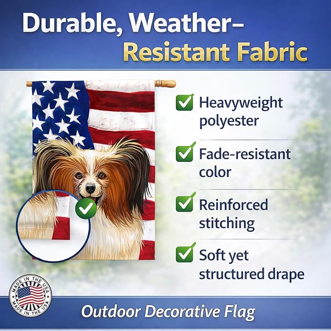 Caroline's Treasures CK6642CHF Phalene Dog American Flag House Flag Large Porch Sleeve Pole Decorative Outside Yard Banner Artwork Wall Hanging, Polyester, House Size, Multicolor
