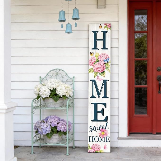 Home Sweet Home Welcome Sign for Front Porch, 47" Wood Framed Porch Sign Spring Hydrangea Flower Decorations with Hanging Rope, Farmhouse Yard Signs Home Decor for Outdoor Patio Gift for Family and Friends