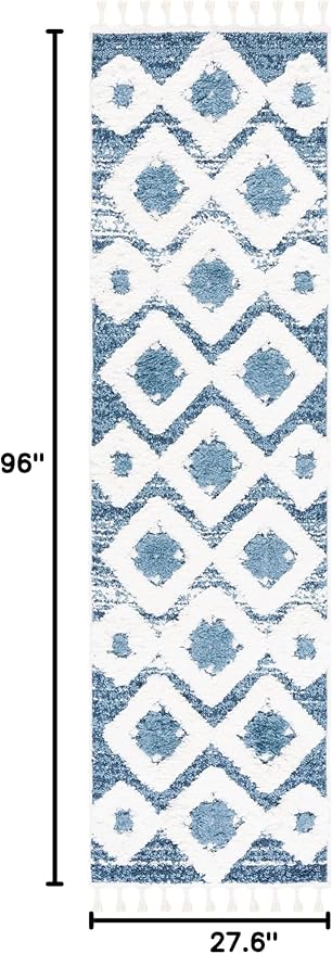 SAFAVIEH Moroccan Tassel Shag Collection Runner Rug - 2'3" x 8', Blue & Ivory, Boho Design, Non-Shedding & Easy Care, 2-inch Thick Ideal for High Traffic Areas in Living Room, Bedroom (MTS664M)