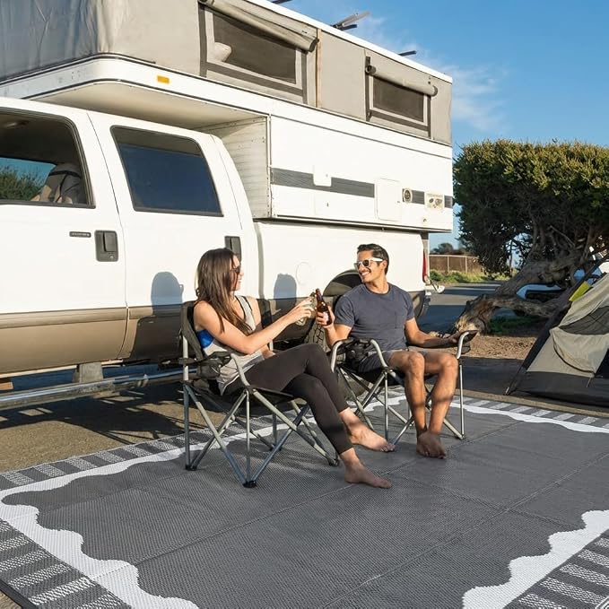 Garvee Large Scalloped Outdoor Rug 9x18 Patio Rugs Outdoor Waterproof, Reversible Plastic Straw Camping Rug, Modern Bordered Outside Mats for Picnic Backyard Deck Balcony Beach Trailer, Grey