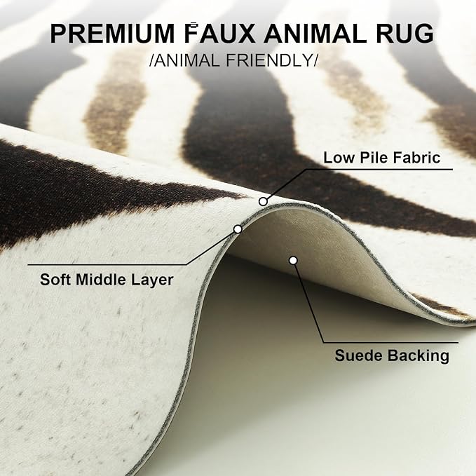 BENRON Zebra Rug, Animal Print Rug for Living Room Bedroom 4.6x5.2ft | Western Faux Zebra Print Rug, Animal Skin Carpets, Non-Slip Throw Rug for Home Decor, Black and Brown, Ivory