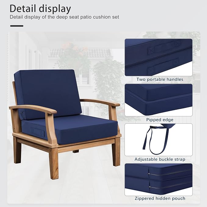 Favoyard Deep Seat Patio Cushion Set 22 x 22 Inch Waterproof Outdoor Chair Cushions for Patio Furniture with Fade Resistant and Removable Cover with Handle & Adjustable Straps for Patio, Yard, Garden