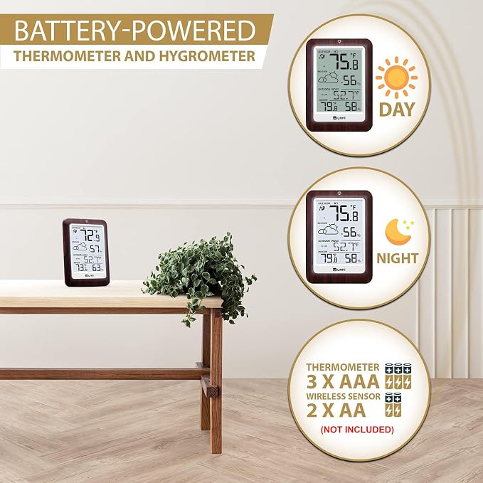 Indoor Outdoor Thermometer Wireless Weather Station, Temperature Humidity Monitor Battery Powered Inside Outside Thermometers with 330ft Range Remote Sensor and Backlight Display（Dark Wood）