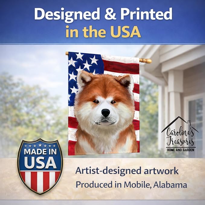 Caroline's Treasures CK6387CHF Akita American Flag House Flag Large Porch Sleeve Pole Decorative Outside Yard Banner Artwork Wall Hanging, Polyester, House Size, Multicolor