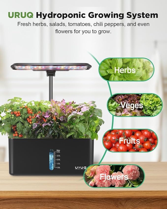 URUQ 8 Pods Hydroponics Growing System with LED Grow Light - Black | Quiet Water Pump, Automatic Timer, Adjustable Height for Fresh Herbs, Vegetables, Indoor Kitchen Gardening Gifts for Women