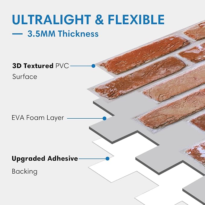 COMSTICKC 3D Red Faux Brick Wall Panel Peel and Stick Wall Covering, 12 Pcs of 22.8" x 11.8", 3D Brick Wall Stickers, UrltraLight PVC Self Adhesive Brick Decorative Tile Interior, Covers 22.48 sq.ft