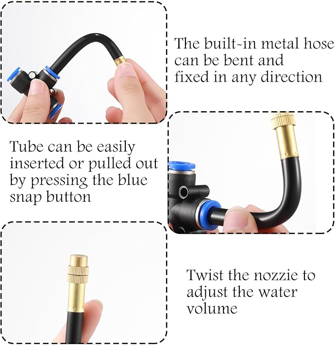 Zonon 10 Pcs Brass Misting Nozzles Tee with 4" Built in Hose for 0.32"/8 mm Tubing 360 Degree Rotation Adjustable Water Mister Nozzle Thread Sprayer Misting Part Accessories for Patio Outdoor Cooling