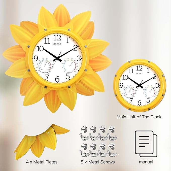 OCEST 24 Inch Outdoor Wall Clock, Waterproof Sunflower Clock with Thermometer & Hygrometer, Silent Non-Ticking Metal Petal Design for Patio, Garden, Pool, Garage