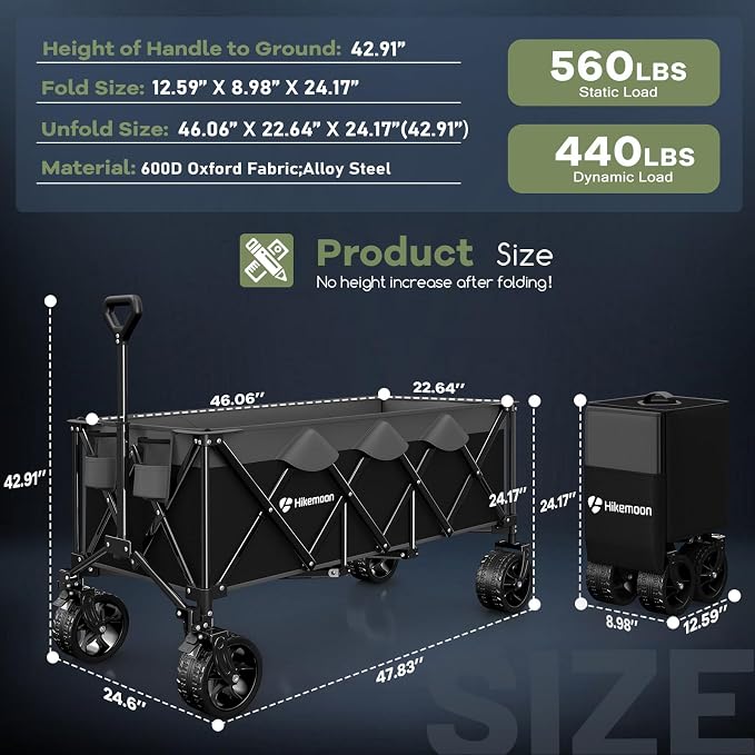 Hikemoon 300L Extra Large Wagons Carts Foldable, 560LBS Heavy Duty Collapsible Beach Wagon 48" Long with Big All-Terrain Wheels, Utility Folding Cart for Camping, Grocery, Sports, Garden, Grey & Black