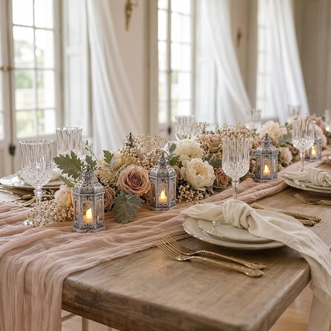 LLQ 12Pcs Mini Silver Lantern with LED Tea Light, Vintage Hanging Moroccan Small Lanterns Decorative, Battery Included, for Ramadan, Wedding, Halloween, Christmas, Diwali Table Centerpiece