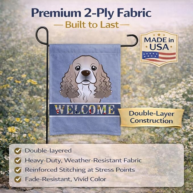 Caroline's Treasures BB1402GF Cocker Spaniel Welcome Garden Flag, Blue Mailbox Flag Decorative Yard Flag Banner Outside Patio Artwork Yard Flower Beds, Garden Size, Multicolor