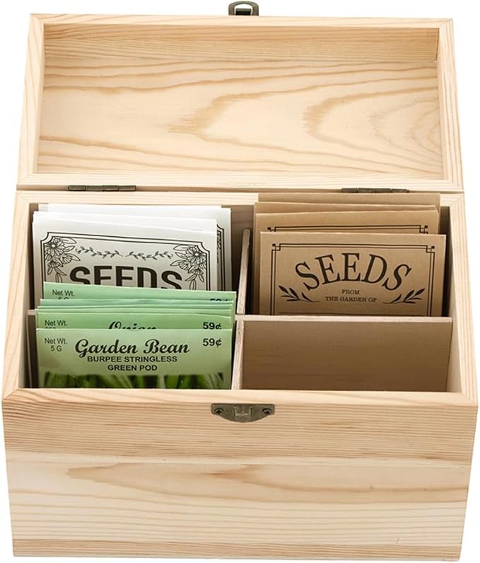 Santa Barbara Design Studio Seed Storage Box with 4 Dividers Wooden Storage Organizer, 7.75" x 4.5" x 5.5", Live Love Grow
