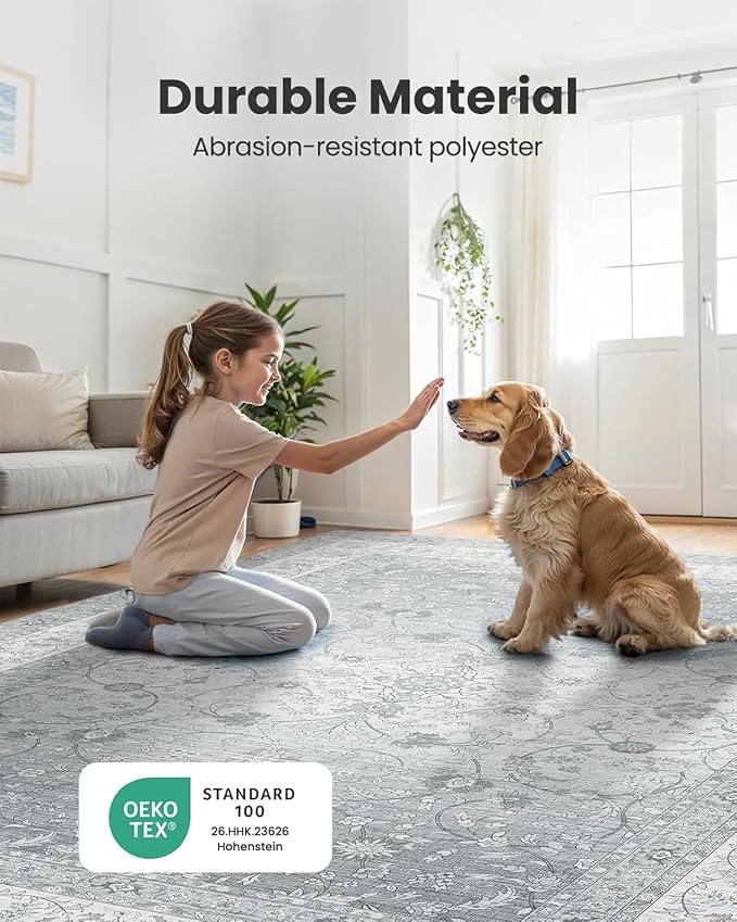 AMADA HOMEFURNISHING 8x10 Area Rugs, Washable Living Room Rug with Non-Slip Backing, Low Pile and Durable Edge Binding, Soft Vintage Floral Rugs for Living Room, Bedroom, Dining Room